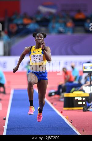 Akela Jones participating in the Belgrade 2022 World Indoor Championships in the Long Jump. Stock Photo