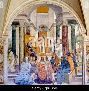 Storie di San Benedetto - Il Santo scomunica due religiose  - affresco - Sodoma - 1505  - Monte Oliveto Maggiore (Si) ,Italia, Abbazia Olivetana Stock Photo