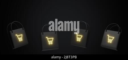 3d illustration of a black bag with a golden shopping basket icon on a black background. Black Friday sale concept. Stock Photo