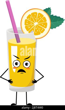 Orange smoothie with fruit and straw character with angry emotions, grumpy face, furious eyes, arms and legs. Healthy vitamin drink in glass irritated expression and pose. Vector flat illustration Stock Vector