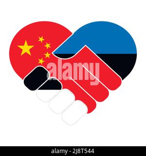 Handshake symbol in the colors of the national flags of China and Estonia, forming a heart. The concept of peace, friendship. Flat vector illustration Stock Vector