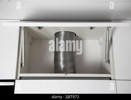 Aluminum corrugation from a kitchen hood. Purification and air supply. Stock Photo