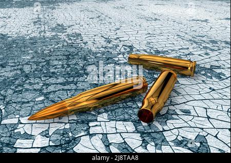 3D golden cartridge, bullet and spent cartridge cases on the surface of an old table Stock Photo