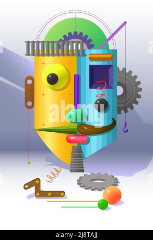 Vector graphics. A portrait consisting of different objects and details. The head of the robot from volumetric forms. Stock Vector