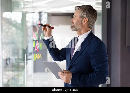 Business Planning. Mature Businessman Writing Ideas On Sticky Notes On Glass Wall Stock Photo