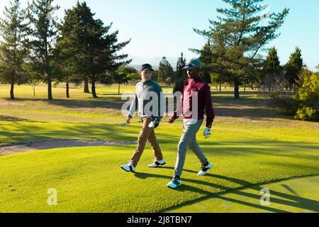Multiracial young male friends with golf clubs walking on grassy land against trees at golf course Stock Photo