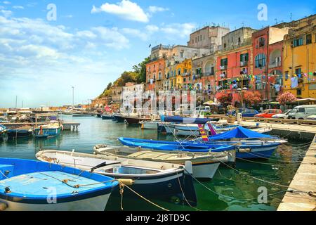 Picturesque view of waterfront and marina in Procida old town. Italy Stock Photo