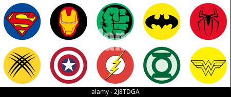 Vinnytsia, Ukraine - May 17, 2022: Logos of the most famous superheroes. Batman, Superman, Spider-Man, Iron Man, Wolverine, Captain America, The Hulk, Stock Vector