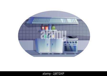 Flat cartoon stove with pan,oven,cabinet and exhaust hood,home furniture,kitchen set interior elements vector illustration concept Stock Vector