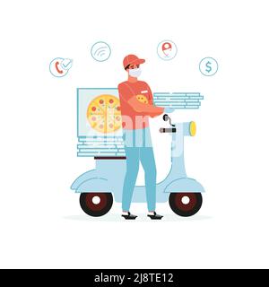 Courier in face mask holding pizza standing near motorcycle Stock Vector