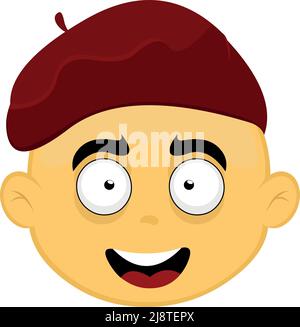 Vector illustration of the face of a yellow character with a happy expression and a red beret on his head Stock Vector