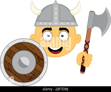 Vector illustration of the face of a yellow character, with a helmet, shield and viking ax Stock Vector