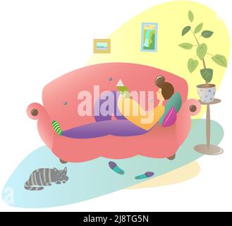 A human lies at home on the couch. Resting and reading a book Stock Vector