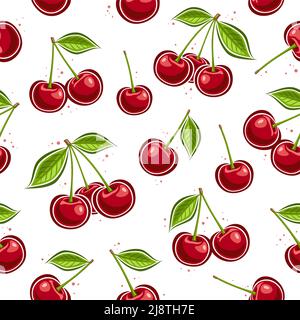 Vector Cherry Seamless Pattern, repeat background with collection of cut out illustrations ripe cherries with green leaves, group of various flat lay Stock Vector