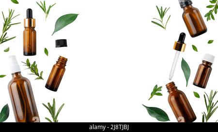 Dropper and spray bottles with oil and herbs isolated on white background flat lay view with copy space. Herbal cosmetics concept Stock Photo