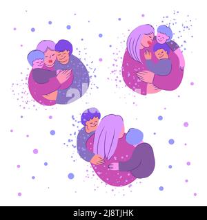 Childrens Day. A mother with children hugs, an illustration in the style of doodles, in pink tones on a white background. Mother and children Stock Vector