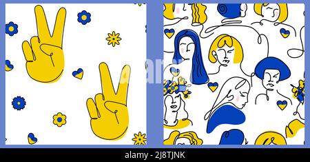 Traditional Ukrainian seamless pattern, with woman and peace sign. Vector illustration global politics, NO WAR, aggression problem picture in one line Stock Vector