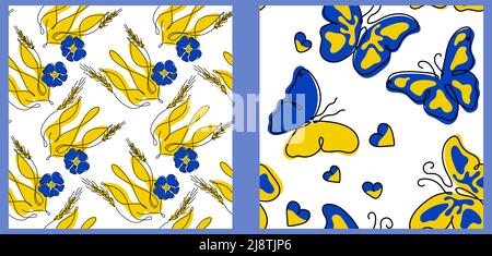 Tradition Ukrainian seamless pattern, with coat of arms and butterflys. Vector illustration global politics, NO WAR, aggression problem picture in one Stock Vector