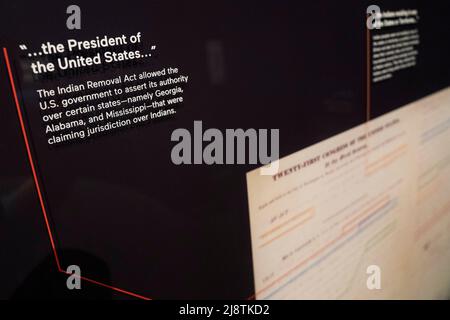 (220518) -- WASHINGTON, D.C., May 18, 2022 (Xinhua) -- A copy of Indian Removal Act is seen at the National Museum of the American Indian in Washington, DC, the United States, May 17, 2022. The National Museum of the American Indian in Washington, DC opened in 2004 with more than 800,000 objects. (Xinhua/Liu Jie) Credit: Liu Jie/Xinhua/Alamy Live News Stock Photo