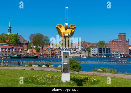Small town Kappeln on the Schlei Fjord, panoramic view across the Fjord, figurehead of tall ship 'Gorch Fock', Schleswig-Holstein, Germany, Europe Stock Photo