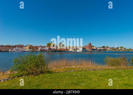 Small town Kappeln on the Schlei Fjord, panoramic view across the Fjord, Schleswig-Holstein, Northern Germany, Europe Stock Photo