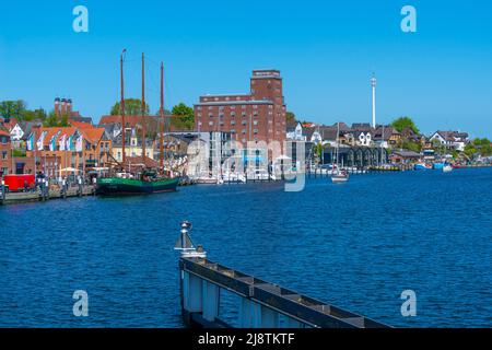 Seaside promenade at habor, small town Kappeln on the Schlei Fjord, Schleswig-Holstein, Northern Germany, Europe Stock Photo