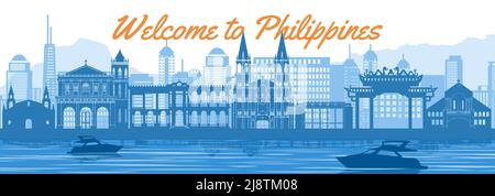 philippines famous landmark silhouette style behind river and boat and in front of towers,vector illustration Stock Vector
