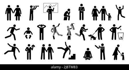 People black pictograms. Stickman silhouettes of men and women relaxed postures, gestures and actions. Vector human interaction simple icons Stock Vector