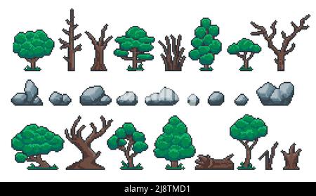 Pixel plants and stones. Retro 8 bit video game sprite assets of rocks, forest and park trees, logs, trunk and stump. Vector isolated set Stock Vector