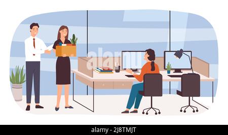 Office hire new employee. Manager introducing female worker to colleague. Woman employee starting working career at company Stock Vector