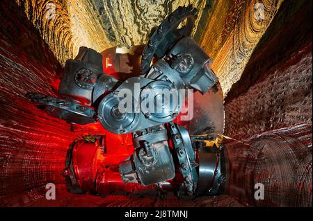 Mining machine with different saws in mineral quarry Stock Photo