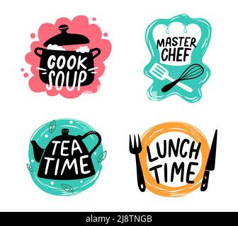Cooking food lettering. Kitchen utensils with text for culinary master class, cafe or restaurant emblems. Saucepan with cooked soup Stock Vector