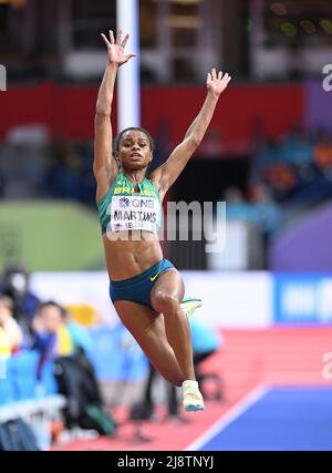 Akela Jones participating in the Belgrade 2022 World Indoor Championships in the Long Jump. Stock Photo