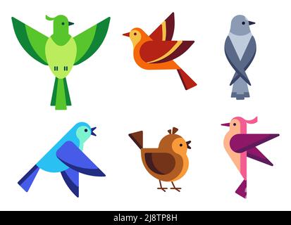 Flat colorful birds with wings. Bright flying characters with feathers in wildlife. Small singing pigeons and sparrows Stock Vector