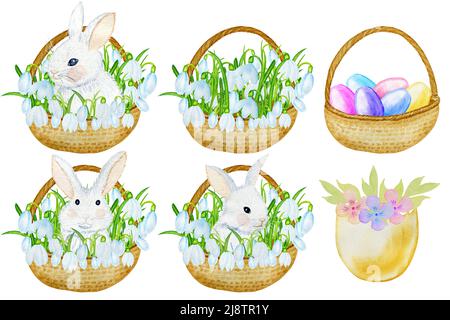 Cute white bunny in a basket with white snowdrops watercolor illustration set. Hand drawn card for Easter and spring holidays. Print on children's tex Stock Photo