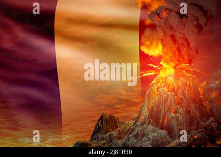 big volcano blast eruption at night with explosion on Romania flag background, troubles because of disaster and volcanic ash concept - 3D illustration Stock Photo