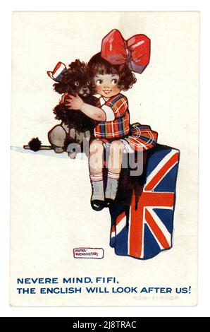 Original WW1 era Agnes Richardson cartoon postcard of cute little French girl wearing Union Jack colours saying 'never mind Fifi, the English will look after us' Union Jack draped at her side, she hugs a French poodle which is wearing a bow bearing the colours of the French flag, U.K. 1915 ,1916 Stock Photo