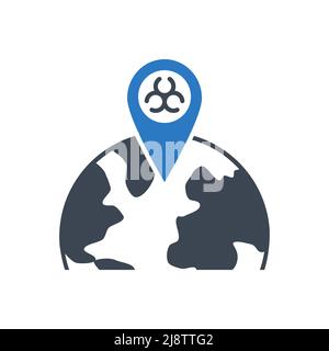 Epidemic related vector glyph icon. Biohazard positioning mark on globe. Epidemic sign. Isolated on white background. Editable vector illustration Stock Vector