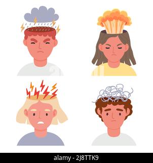Negative thinking, depression concepts. Man and woman with bad mood. Unhappy female and male characters with gloomy thoughts Stock Vector