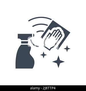 Cleaning related vector glyph icon. Disinfectant Spray and Hand with a Wipe Surface. Clean sign. Isolated on white background. Editable vector illustr Stock Vector