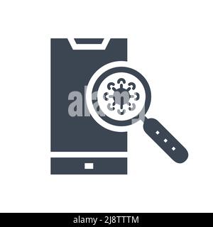 Virus on surface of smartphone related vector glyph icon. Cornavirus in magnifying glass on surface of smartphone. Isolated on white background. Edita Stock Vector