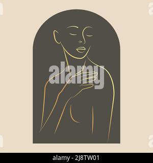Linear golden woman on brown background aesthetic illustration Stock Vector