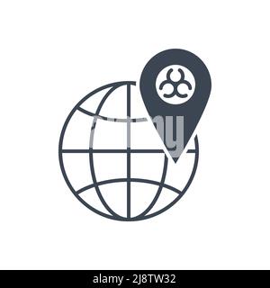 Outbreak virus world related vector glyph icon. Location Sign with Biohazard on globe. Outbreak virus sign. Isolated on white background. Editable vec Stock Vector
