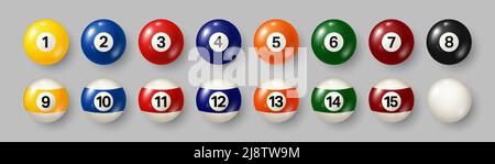Colorful billiard, pool balls with numbers on gray background. Realistic glossy snooker ball. Vector illustration. Stock Vector