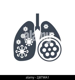 Pneumonia related vector glyph icon. Lungs with alveoli and coronavirus. Pneumonia sign. Isolated on white background. Editable vector illustration Stock Vector
