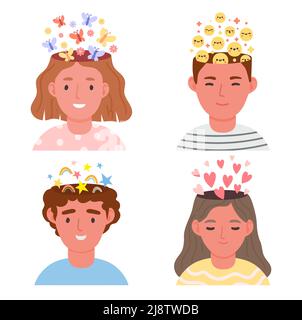 Positive thinking and mental health concept. Boys and girls with optimistic and creative thoughts. Female and male characters Stock Vector