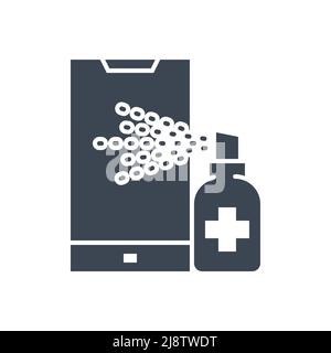 Smartphone disinfection related vector glyph icon. Alcohol Disinfector sprays aerosol onto smartphone screen. Disinfection sign. Isolated on white bac Stock Vector