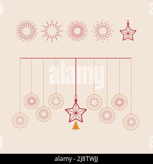 Hanging Christmas stars and sparkling Isolated in light pink Background. Element for Christmas and Happy New Year Vector Design. Stock Vector