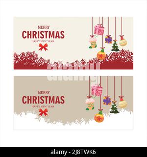 Two Christmas horizontal cards with shining snowflakes, ribbons, and colorful balls. New year and Christmas card illustration on light background Stock Vector