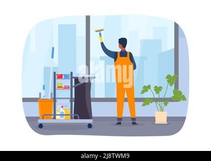 Professional cleaning service. Male worker in professional uniform washing windows at office. Cleaner with special equipment Stock Vector